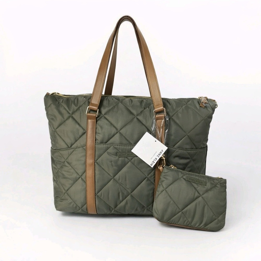 Anne Klein Quilted Nylon Tote Bag w Zip Pouch Olive Green NWT
